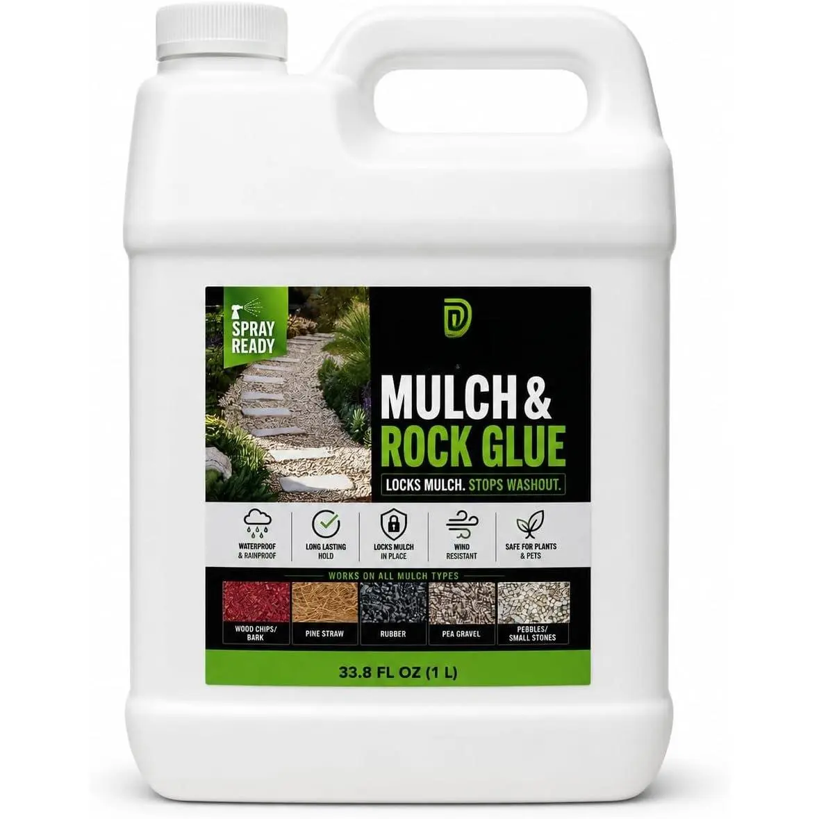 Mulch Glue, Rock Glue & Gravel Binder for Landscaping, 33.8 fl oz | Keeps Mulch & Rocks in Place |  to Use | No Mixing Required | Weather Resistant |  Chips, Pine Straw & Pea Gravel