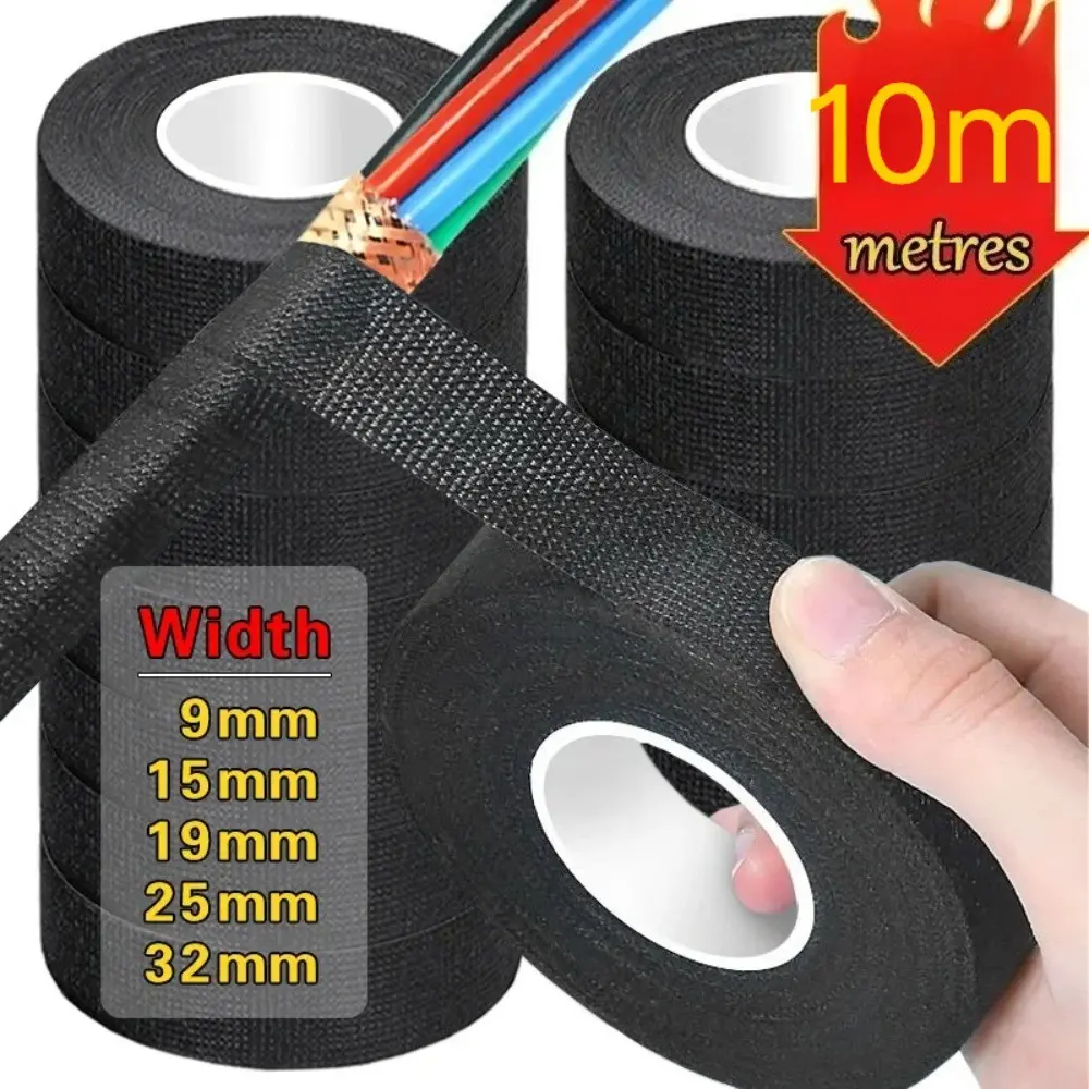 5 Rolls High-Temperature Self-Adhesive Fabric Wire Harness Tape, Heat Resistant, Noise Reduction, Car Engine Electrical Wire Protection, Adhesive Installation