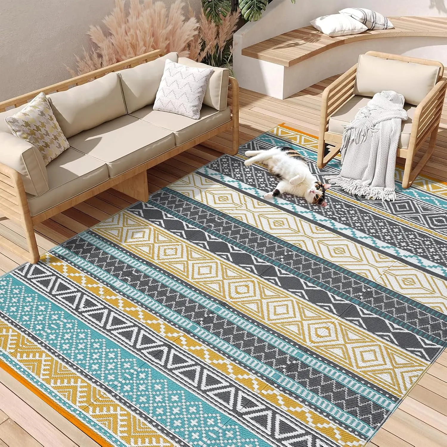 Outdoor Plastic Straw Rug Large Floor Mat Boho Waterproof Rug for Patio Reversible Rug for Outdoors RV Beach Patio Camping Backyard Deck Picnic Camping Outside Yellow Teal