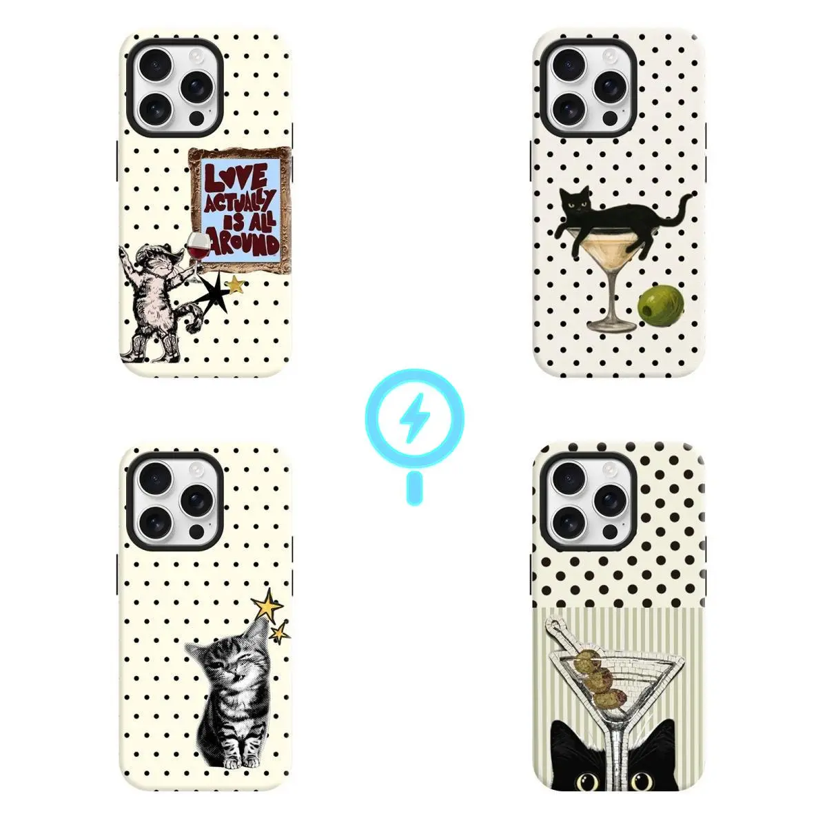 Retro Polka Dot Cat Martini Cocktail Magnetic MagSafe Phone Case Shell - Durable Shockproof Protection Accessory for iPhone 17,16,15,14,13 Pro Max (Vintage Kitten Pattern)
