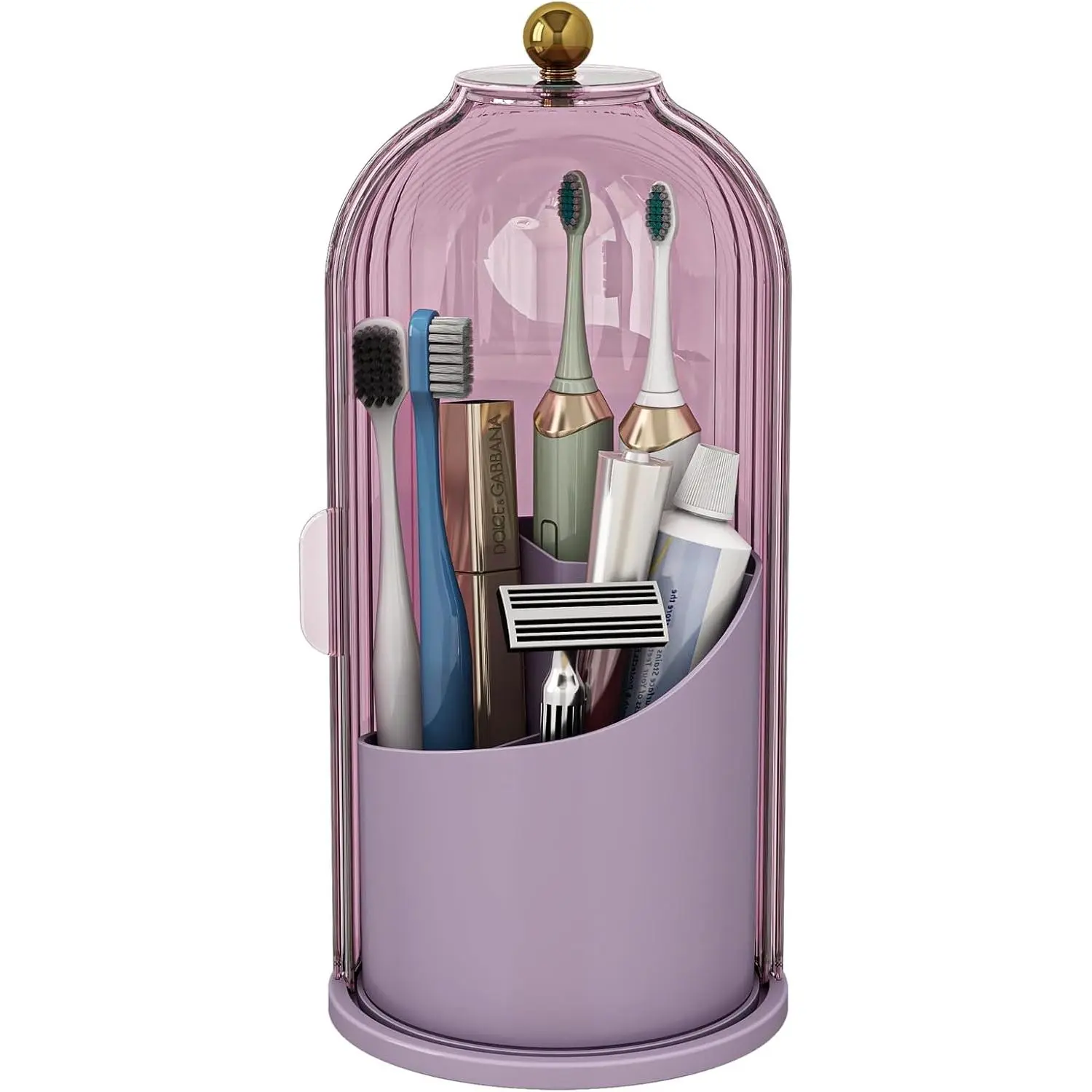 All-Pink Bathroom Toothbrush and Toothpaste Holder with Cover, Waterproof, Dustproof, 360° Rotating Base, Smooth Sliding Door, 3 Slots for Bathroom Countertop
