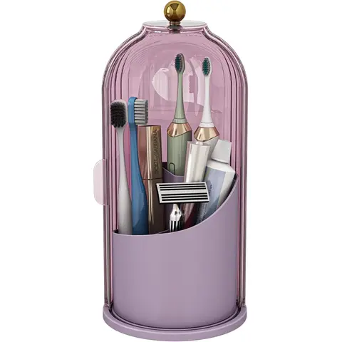 Toothbrush Holder Modern Plastic Waterproof Dustproof Sliding Door, 360° Rotating Base & 3-Slot Compartmental Bathroom Countertop Organizer for Makeup