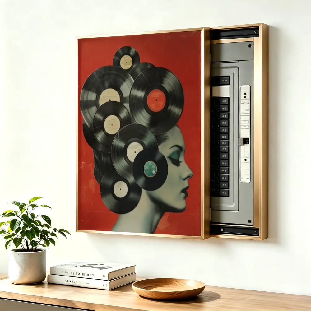 ElectricalPanel Cover Decorative Breaker Box Cover Fuse Box Cover Vinyl Records On Woman Head Aluminum Alloy Frame With High Quality Canvas, LivingRoom Home Office