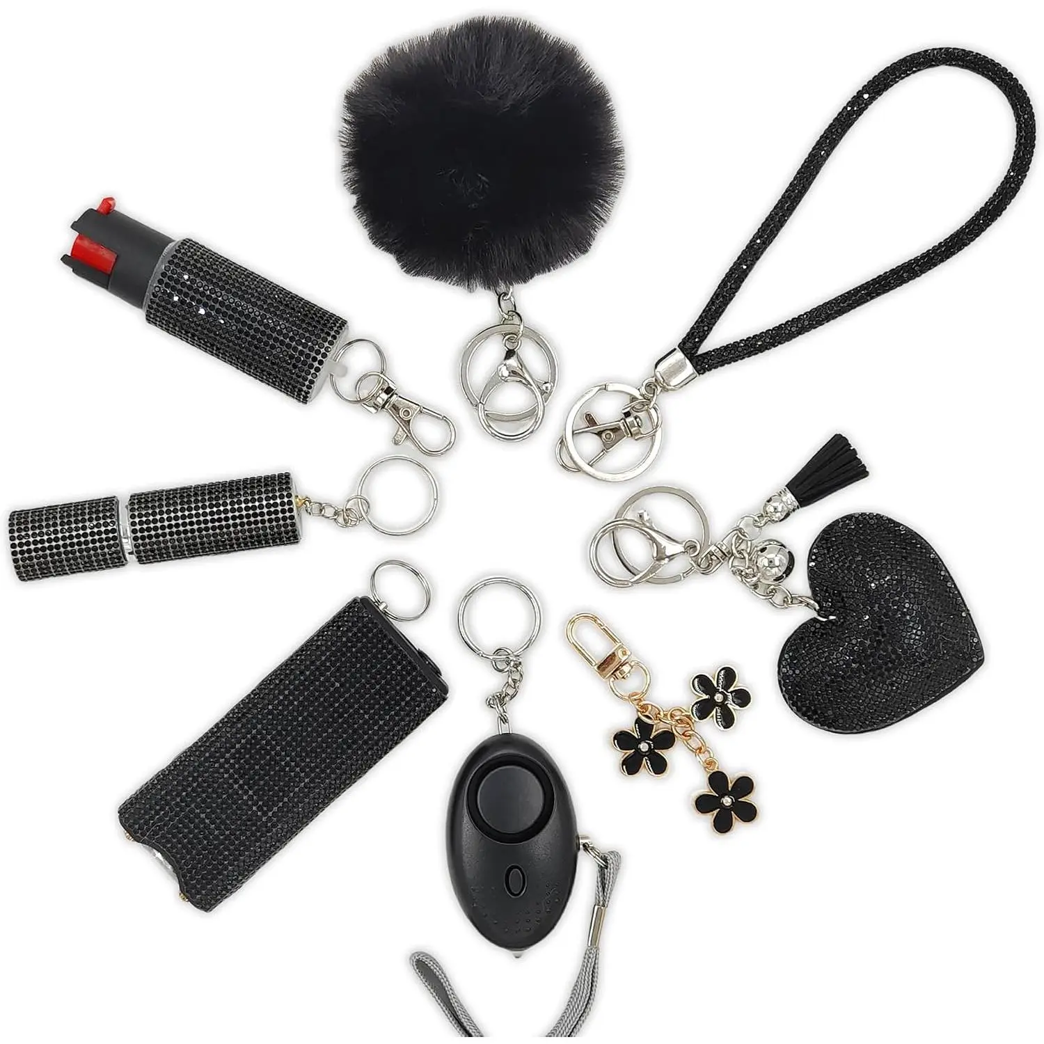 Gift Keychain Set for Women Including Wrist Strap, Heart Accessory, Petal Decor and Pom Pom