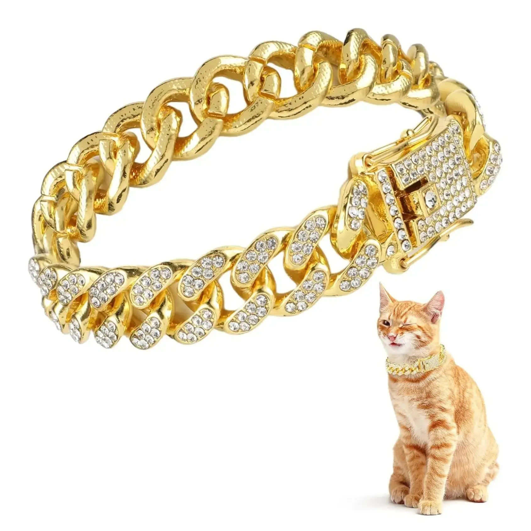 Cuban Link Metal Chain Pet Collar - Secure Buckle, Durable Construction, All Seasons Everyday Wear, Christmas Great Gift Idea for Small-Medium Dogs & Cats