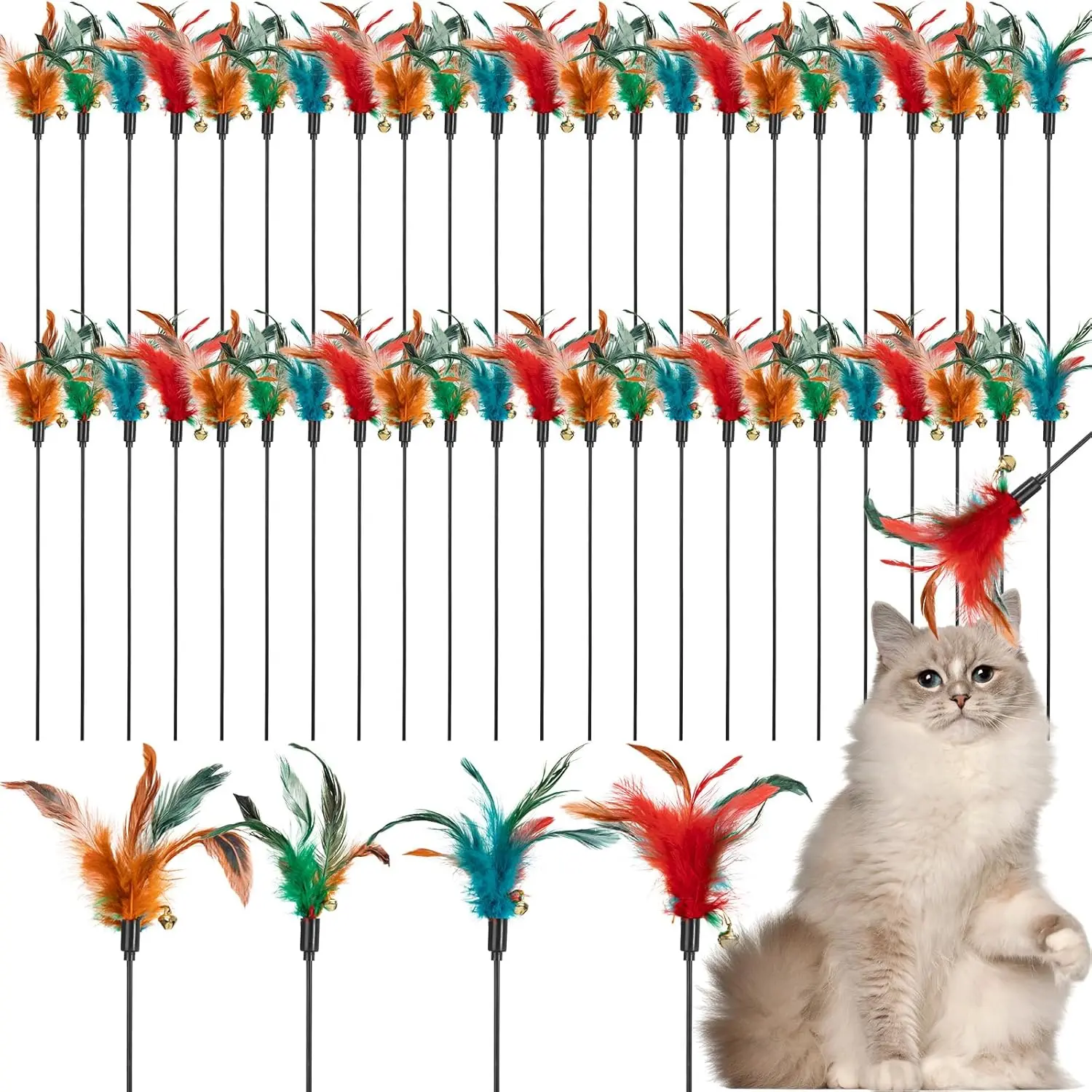 50 Pcs Cat Wand Toy Feather Stick Cat Toy Bulk Feather Toys and Teaser Wand Bulk Interactive Stick for Indoor (Multi-Color)