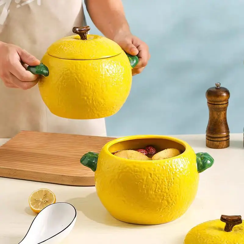 Cute Lemon-Shaped Porcelain Soup Pot with Lid - Large-Capacity Double-Handle Ceramic Bowl for Home Kitchen Noodle & Stew Use