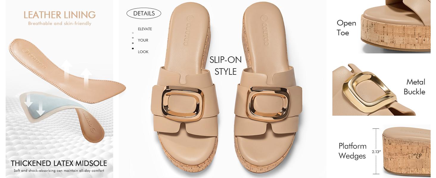 Fashare Womens Platform Sandals Cork Beach Slip on Wedges Metal Buckle Slides Open Toe Summer Shoes