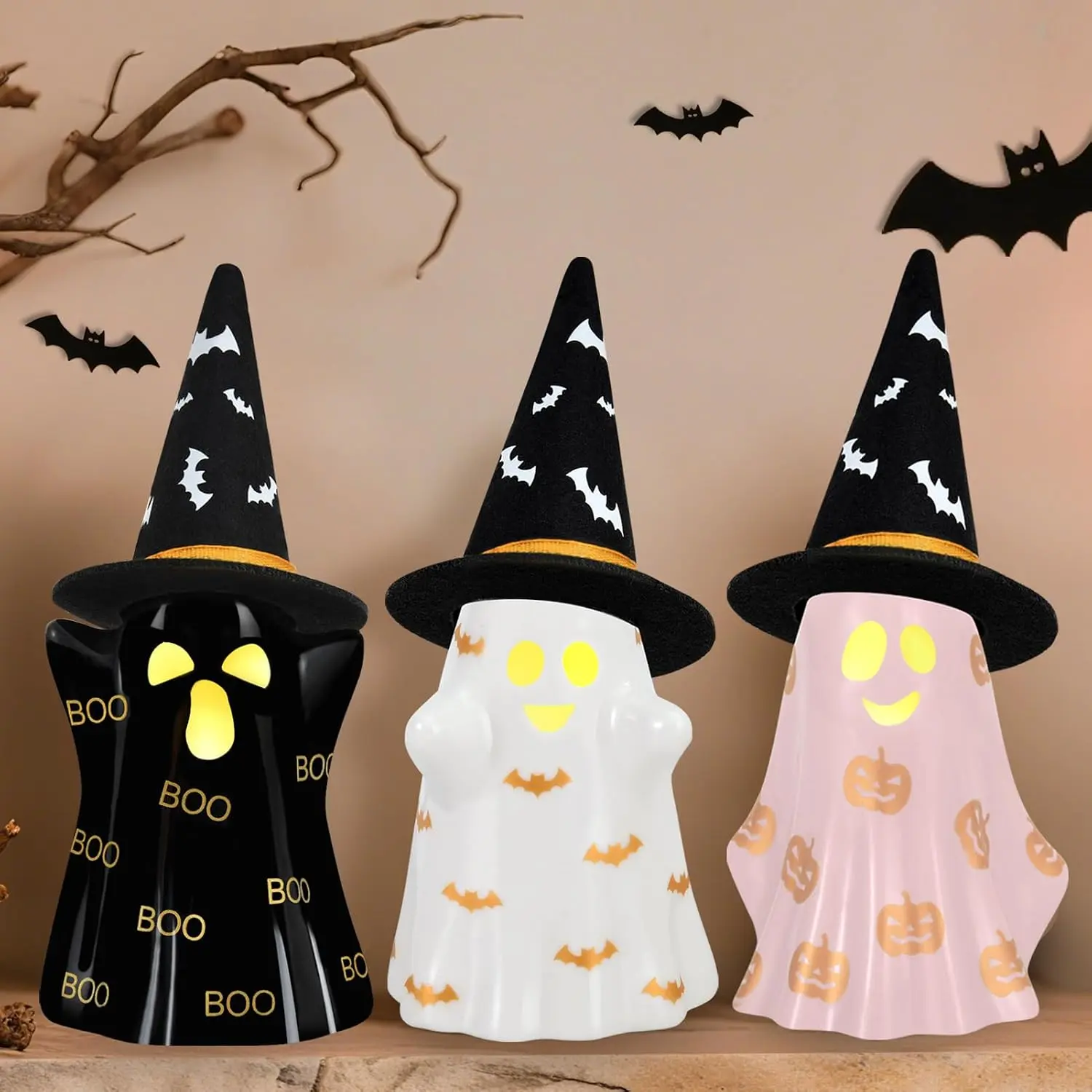 Halloween Decorations Indoor, Set of 3 Ceramic Halloween Ghosts with  Hats, Cute Spooky Lighted Decor  Figurines  Hat Scary Pumpkin Bats Boo for  Mantel Shelf Table Decor