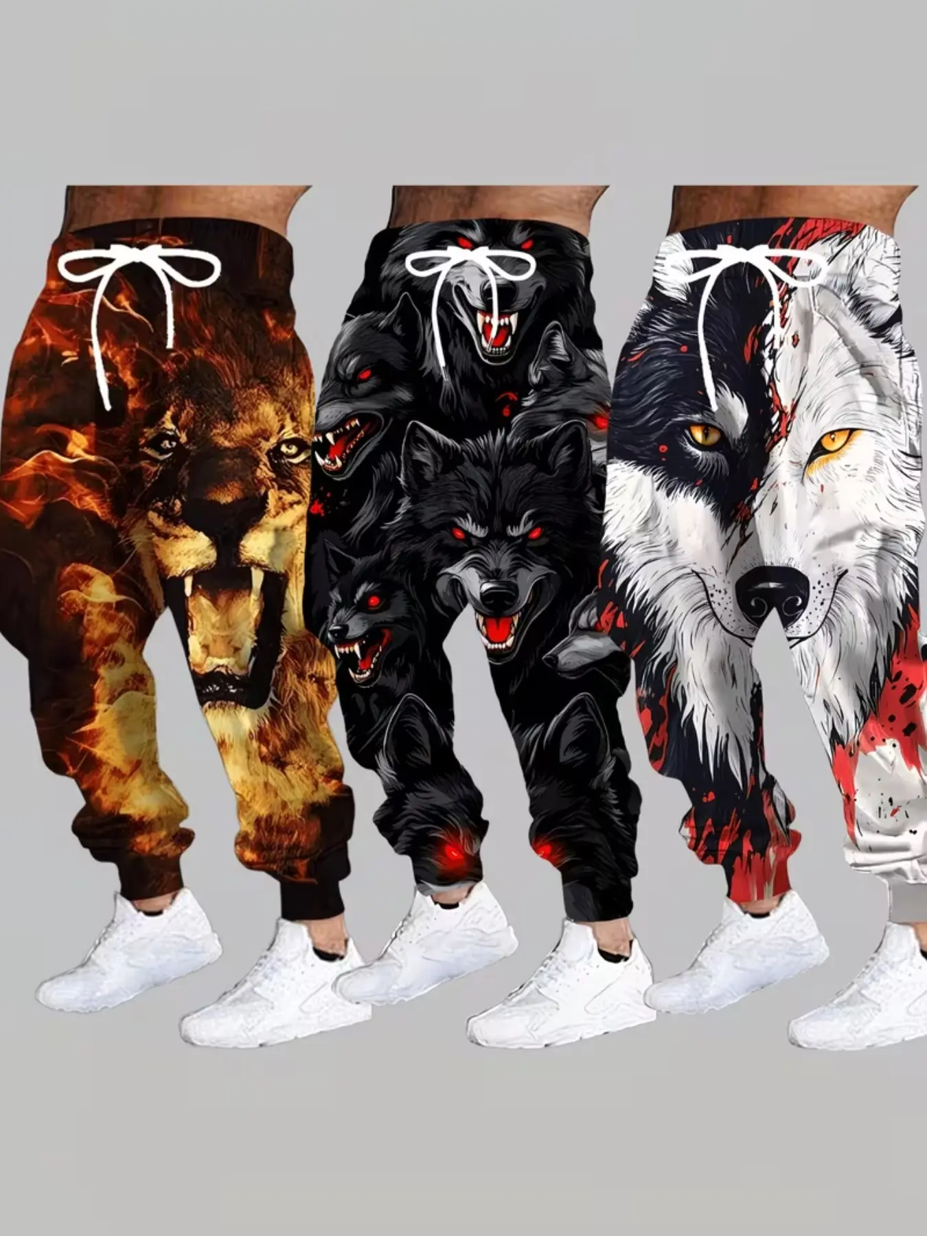 Men's 3-Pack Lion Wolf Skull 3D Print Sweatpants, Loose Fit Drawstring Long Pants, Practical Pockets, Fall Winter Streetwear, Outdoor Sports