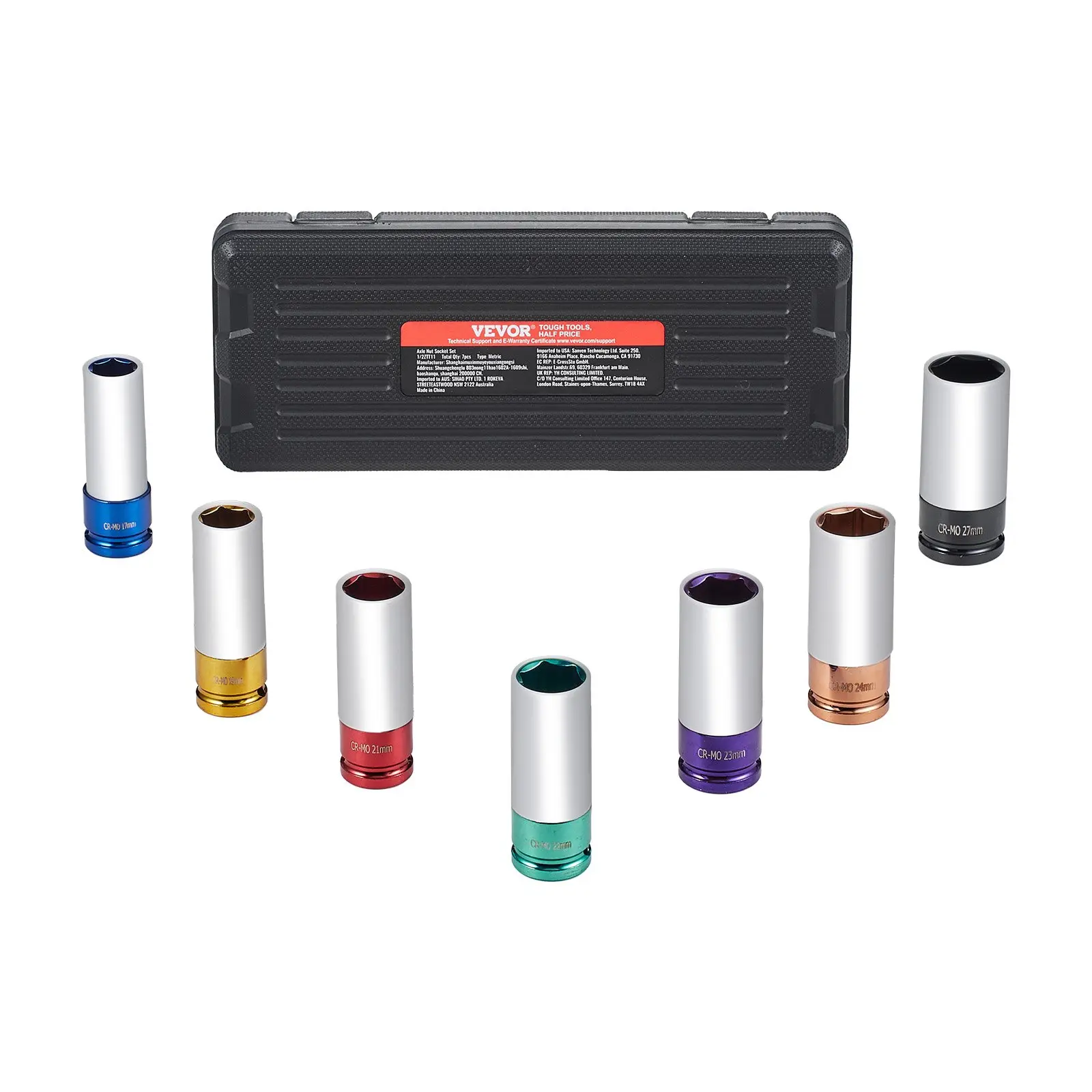 【DealsForYouDays】VEVOR Lug Nut Impact Socket Set, 1/2 inch Drive Metric 6-Point Deep Socket Set, 7 Total Lug Nut Sizes 17/19/21/22/23/24/27mm, CR-MO Steel Wheel Socket Set with Storage Case, for Auto Repair