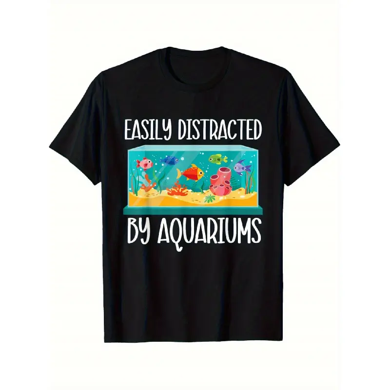 Men's Minimalist Round Neck Short Sleeve Print Graphic T-Shirt - Aquarium Manager Themed Fish Pattern, Machine Washable, Suitable for Indoor & Outdoor Casual Wear