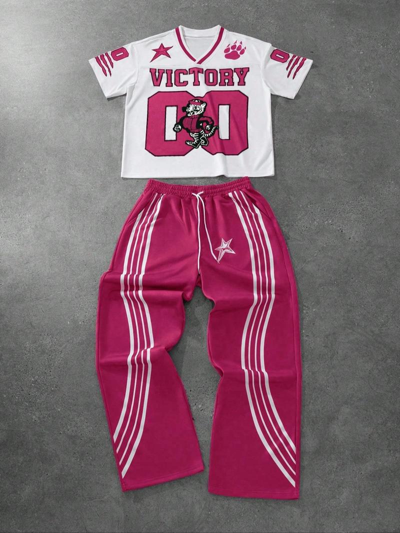 Men's Tiger Print Drop Shoulder Tee & Striped Print Trouser Two-piece Set, Regular Fit Casual Fashion Cozy Breathable Two Piece Outfits for Daily Outdoor Wear, Men Clothes for All Seasons,  Menswear, Crewneck Baseball Outfit