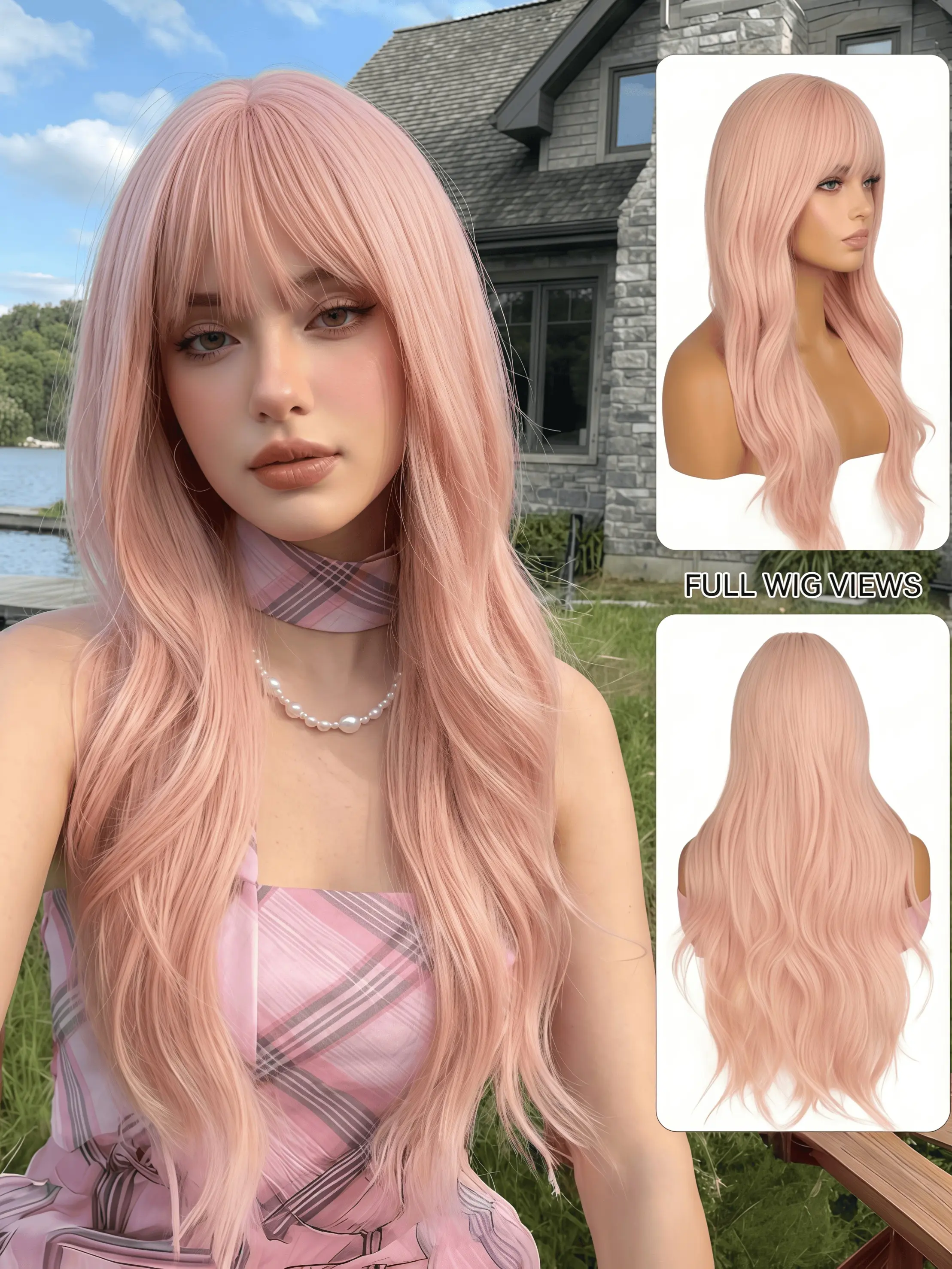 Long Light Pink Wavy Wig with Bangs for Women, 28 Inch Pastel Peach Pink Synthetic Wavy Hairstyle Hair Wig, Natural Looking Heat Resistant Fiber Wigs for Daily Party Cosplay Halloween, Glueless Replacement Wigs (Light Pink)