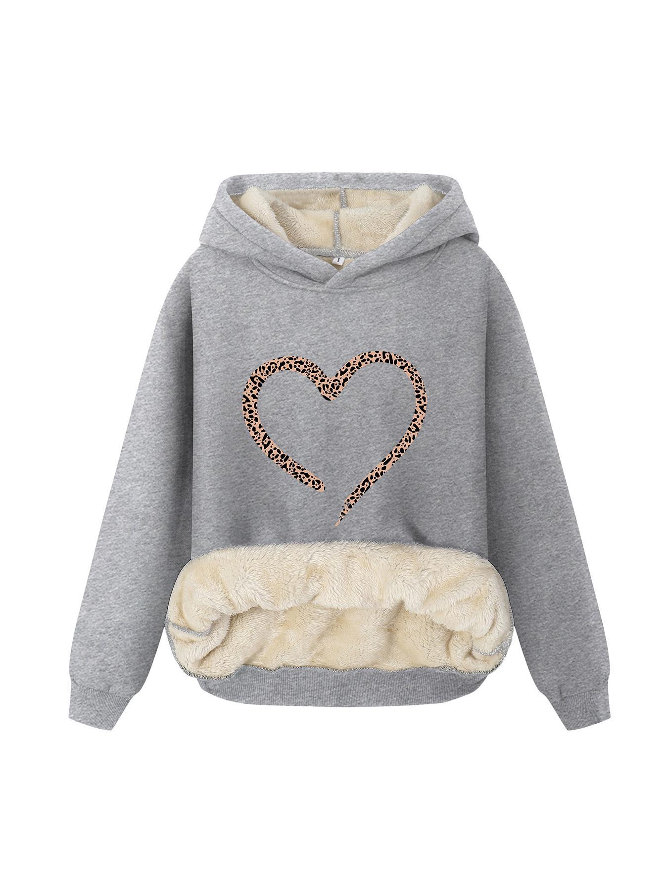 Women's Butterfly & Heart Print Plush Lined Hoodie, Casual Long Sleeve Hooded Sweatshirt for Fall & Winter,  Hoodies for Women, Women's Clothes for Daily Wear