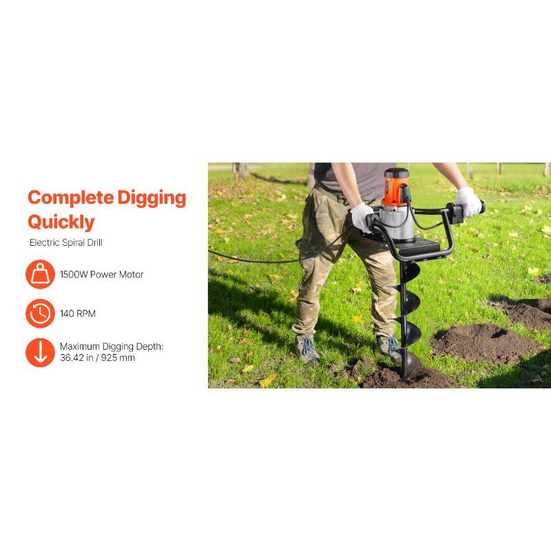 VEVOR Electric Post Hole Digger, 5.71 in Auger Bit with 1500W Powerful Motor, 140 RPM Alloy Steel Earth Auger Drill Bit with 10.24 in Extension Rod, for Post Hole Digging, Drilling Tree Planting
