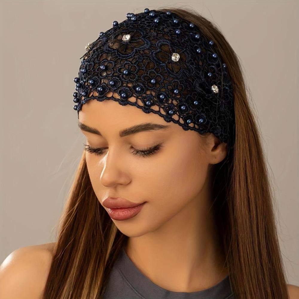 4-Pack Boho Lace Headbands with Faux Pearls, Wide Hollow Hair Wraps, Vintage Stretch Beaded Hair Accessories for Women