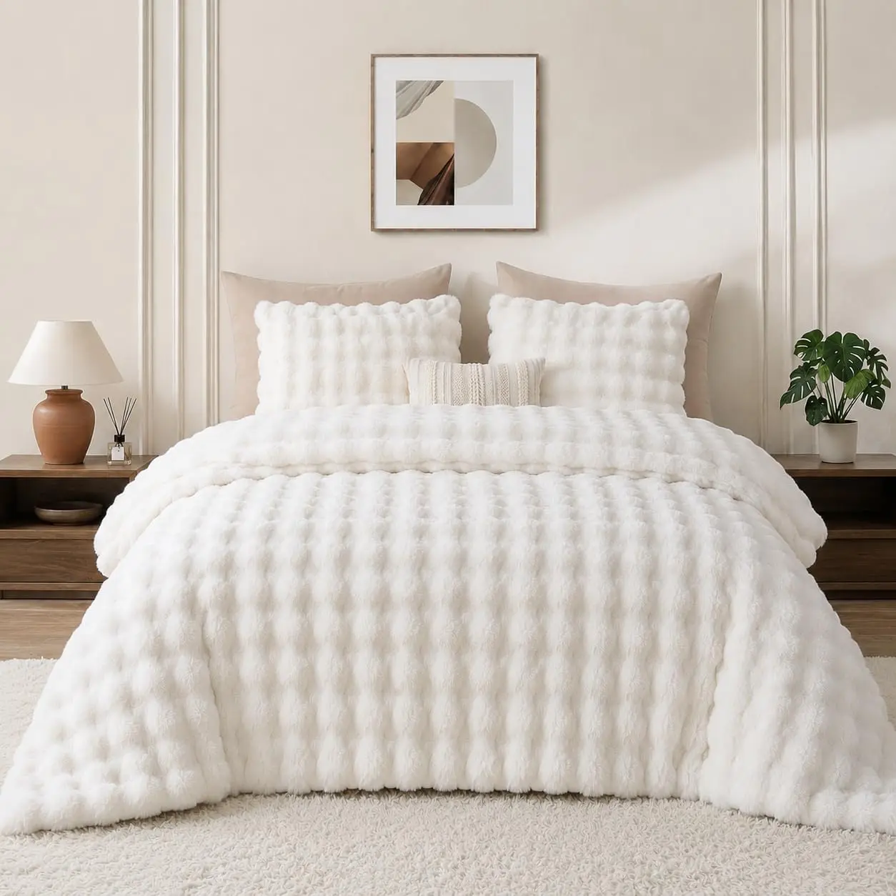 Faux   Bubble Comforter Set  Size White | Plush Comforter Bedding Set 3 count, Warm & Cozy, Bedding Comforter Sets for Winter, with 2 Pillowcases, Machine Washable