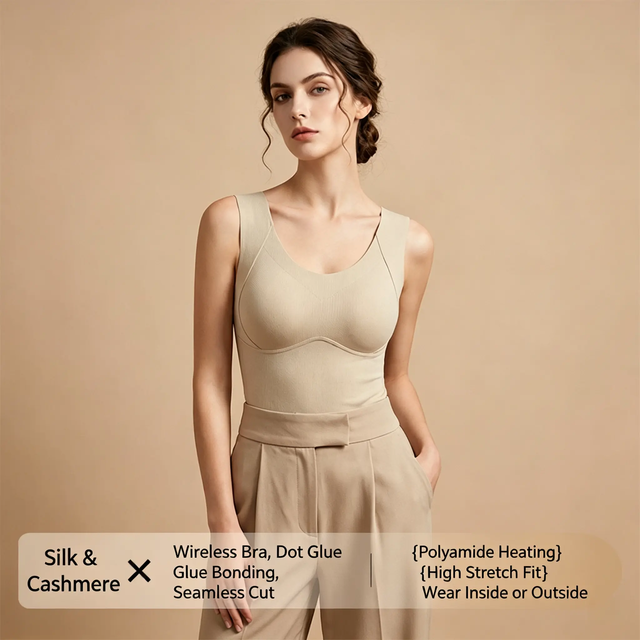 Silk & Cashmere Thermal Tank Top for Women, Built‑in Bra Seamless Glue‑Bonded Warm Camisole