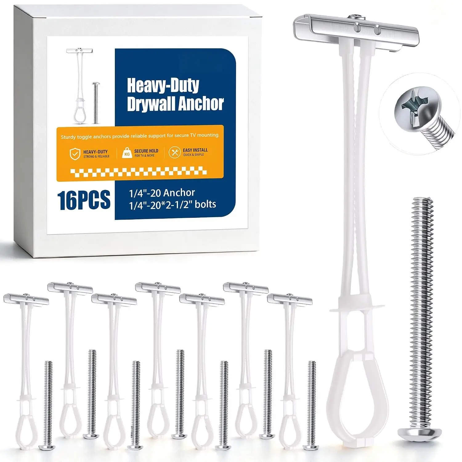 16 count 1/4"-20 Heavy Duty Toggle Anchor with ,Drywall Anchor, Zinc-Plated Steel,Adjustable for Up to 3/8" to 3-5/8" Walls for TV Mounting & Fixtures,270lbs Each (Pack of 8)