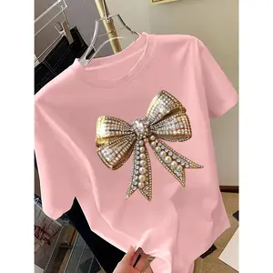 Women'S Y2K Bow Printed T-Shirt - Short Sleeve Round Neck T-Shirt with Sparkling Decorative Pattern, Spring/Summer Casual Round Neck Top, Women'S T-Shirt, Regular Style