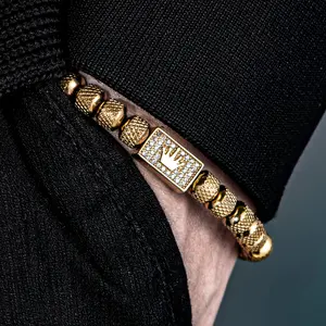 [Micro-Set Bead Bracelet] Luxury Micro-Set Square Crown Bead Adjustable Size Men's Gorgeous Braided Bracelet
