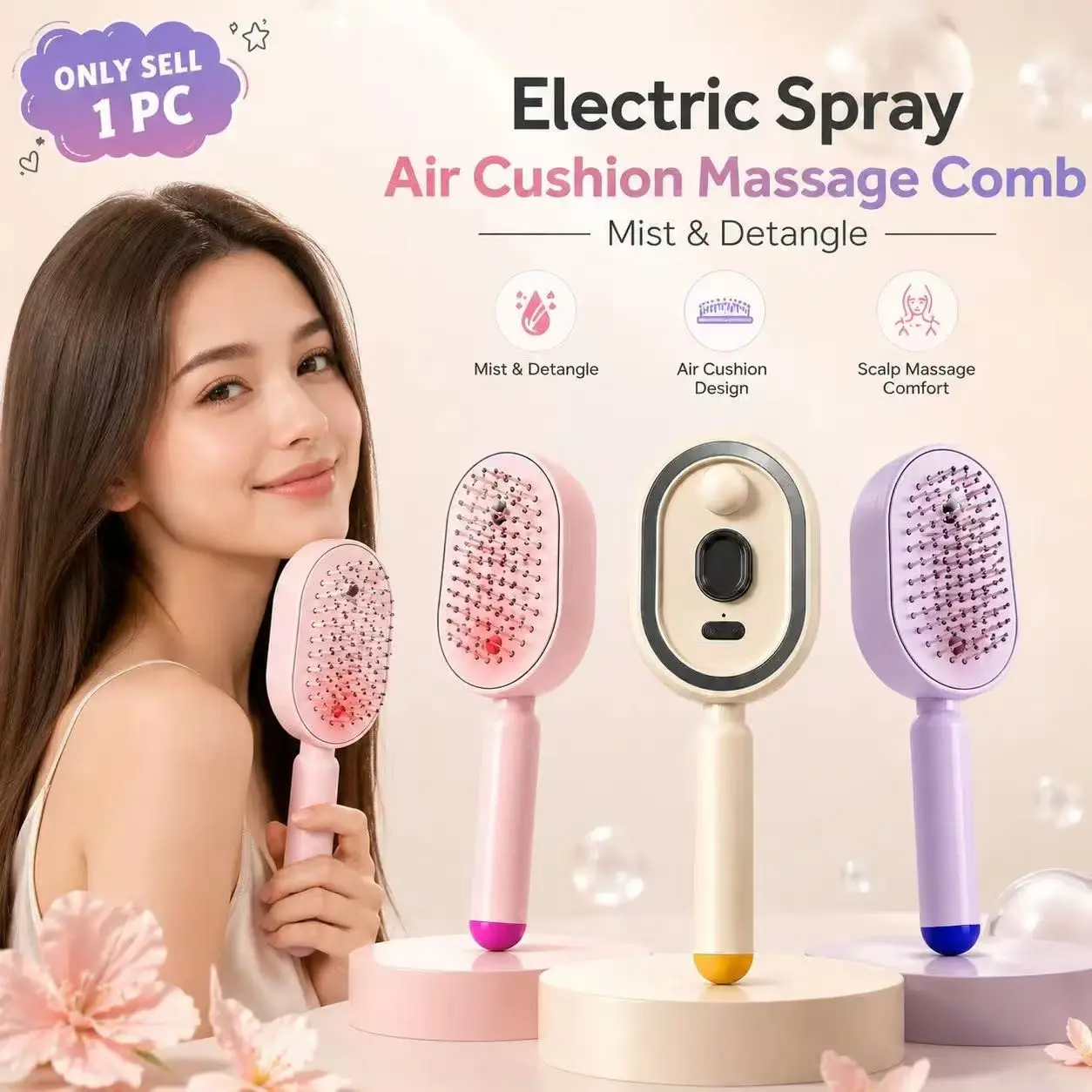 Electric Spray Cushion Massage Comb, Four-In-One Fine Mist Hair Brush, Hairbrush, Detangler Brush, Scalp Massage, Anti-Tangle, Anti-Static, Rechargeable, Daily Hair Care