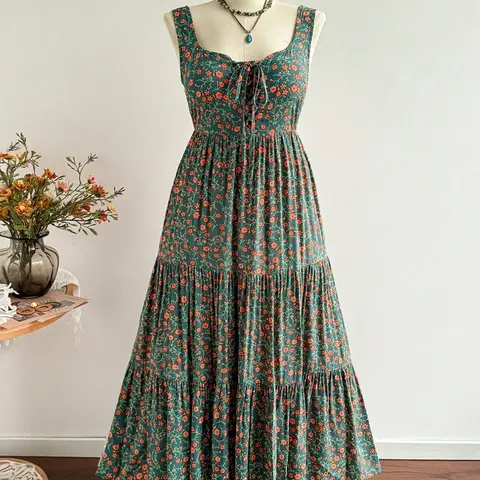 Plus Size Women's Boho Floral Print Sleeveless Halter Dress, Boho Printed Dress, Summer Vacation Daily Wear, Waist Cinch Design, Casual Style, Perfect for Outdoor Activities