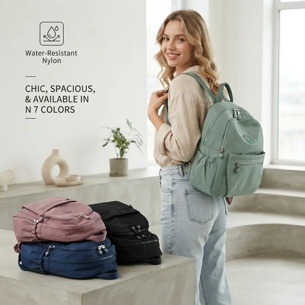 Travel Backpack, Lightweight Nylon-Oxford Cloth Daypack, Sweet Fresh Style, Zipper Closure, Wear-Resistant Medium Casual Everyday Essential Handbag