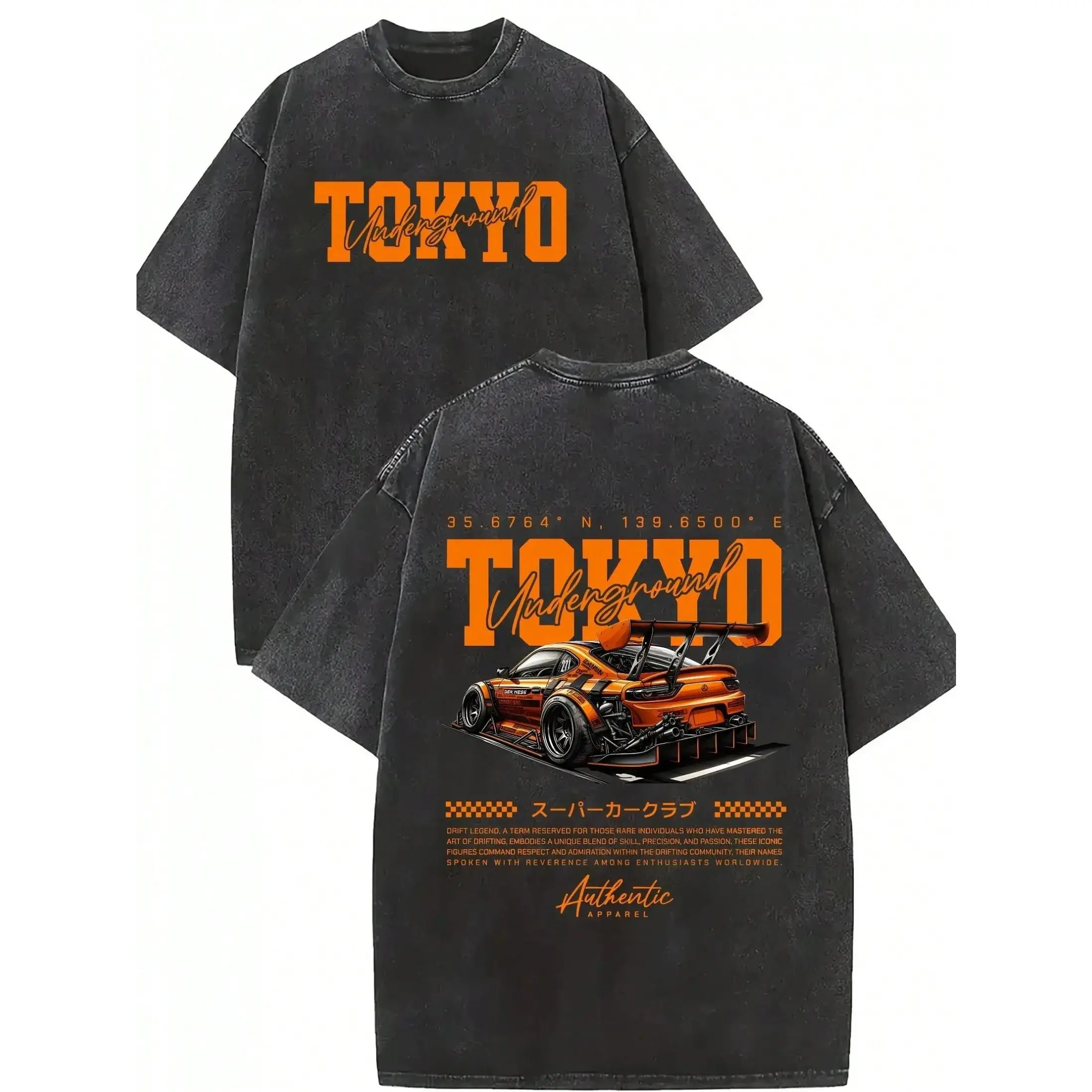 Men's Classic Silky Fabric Oversized Short-Sleeve Crewneck T-Shirt - Vintage Tokyo JDM Orange Widebody Drift Car Print, Washed Black Cotton Japanese Street Racing Casual Tops, Shortsleeve