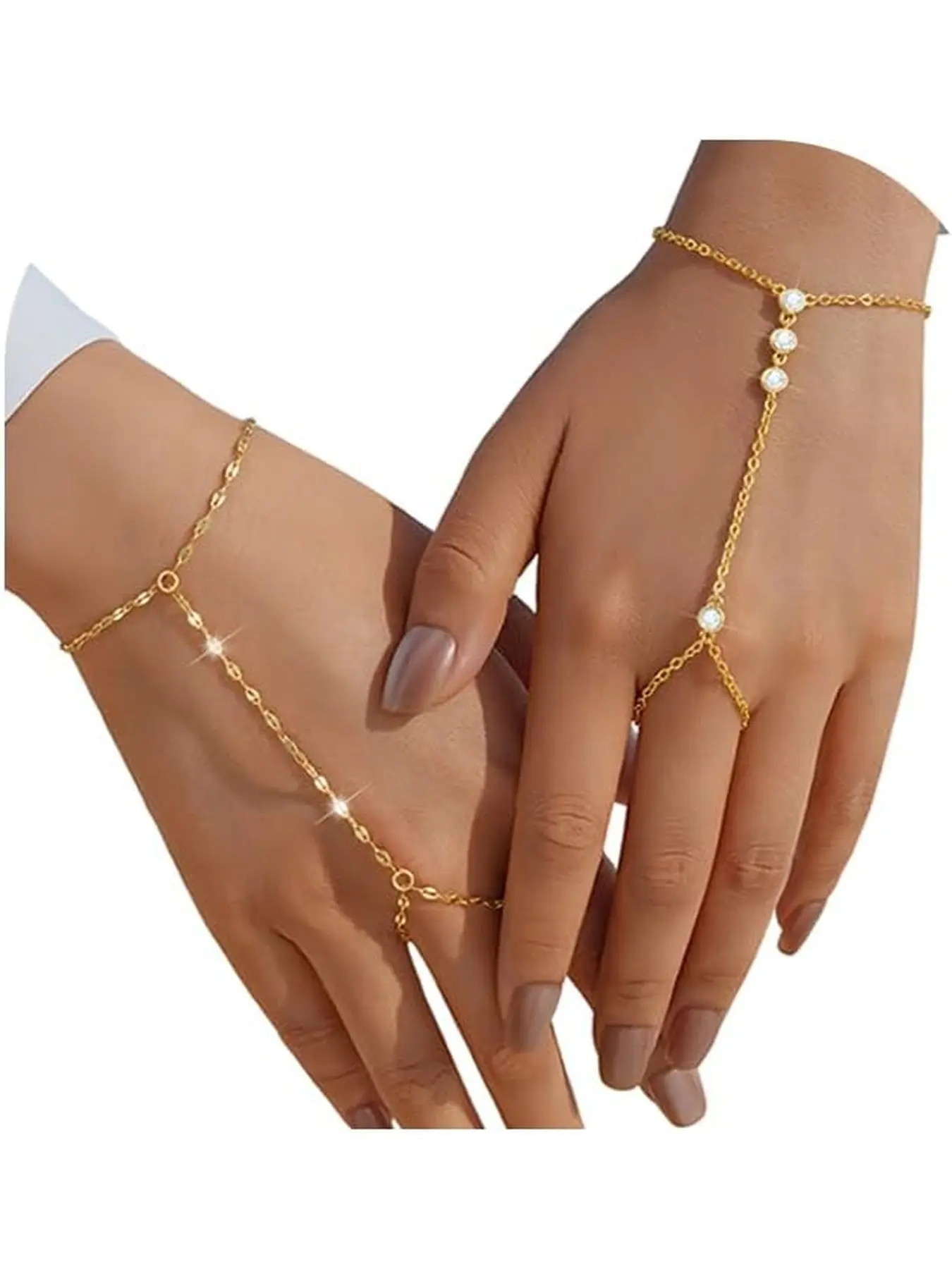 Golden Hand Chain Bracelets for Women, Cubic Zirconia Link Chain Bracelet Set, Trendy ring bracelet hand chain Jewelry for Her