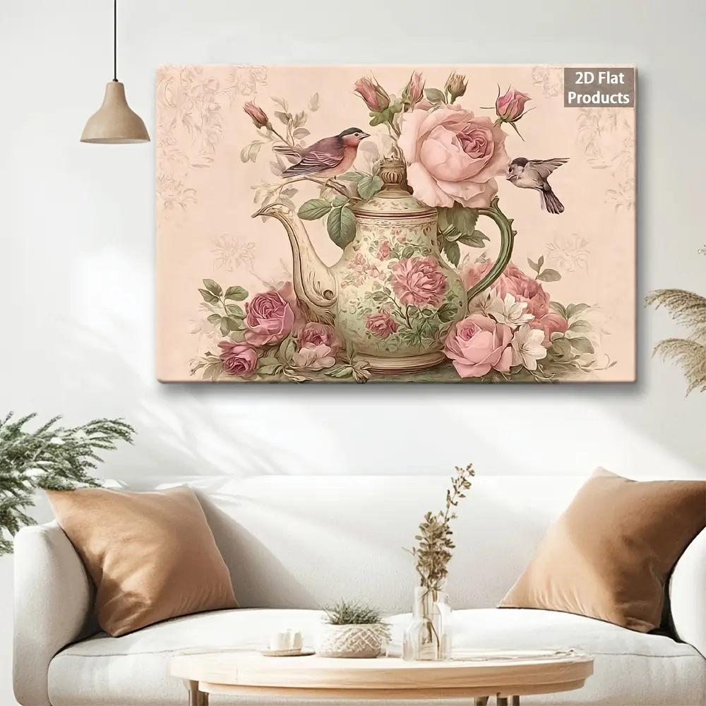 2D print, a vintage English teapot and rose wall art poster - framed canvas wrap, suitable for home, bathroom, and other places, vintage-style teapot and rose decorative painting