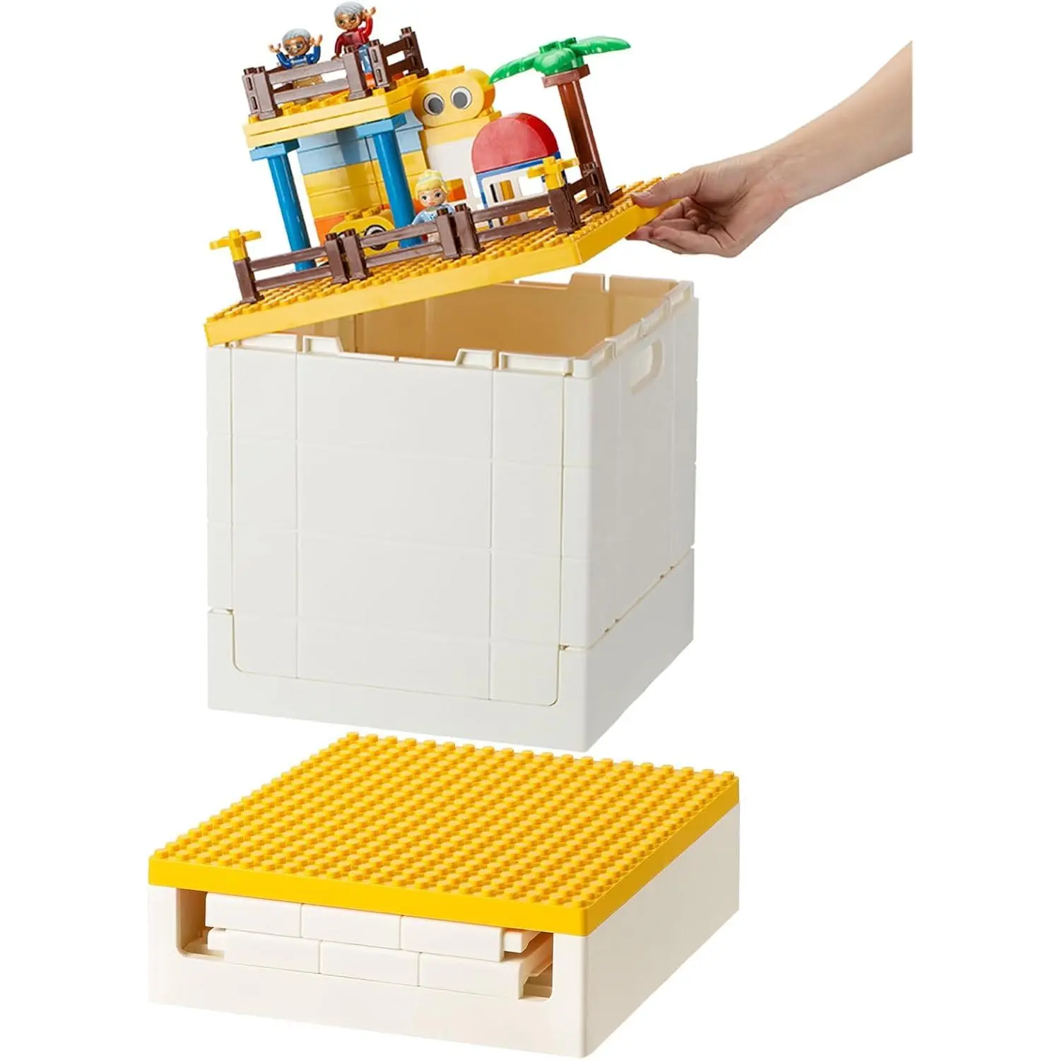 Folding Storage Box with Building Baseplate Lid, 26 Qt. Collapsible  Organizer for Duplo Blocks, 25L Bolck Bins for Intermediate Size ,  Bricks Storage Box, Yellow