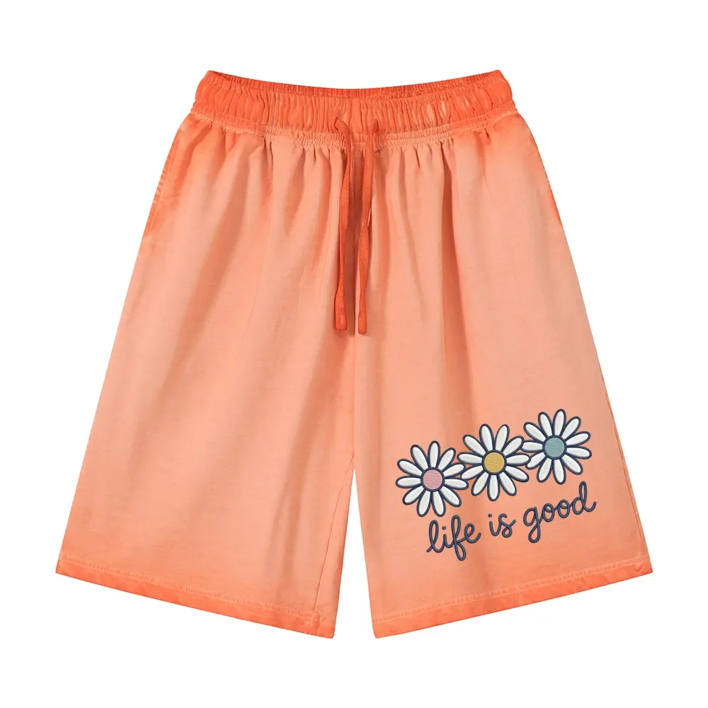 Unisex life is good Three Cute Daisies Embroidery-Style Cartoon Graphic Gradient Washed Shorts Personalized Pattern Y2k Clothing Gradient Washed Shorts,Women's Clothing, Menswear, Vintage Style,Summer Casual Oversized