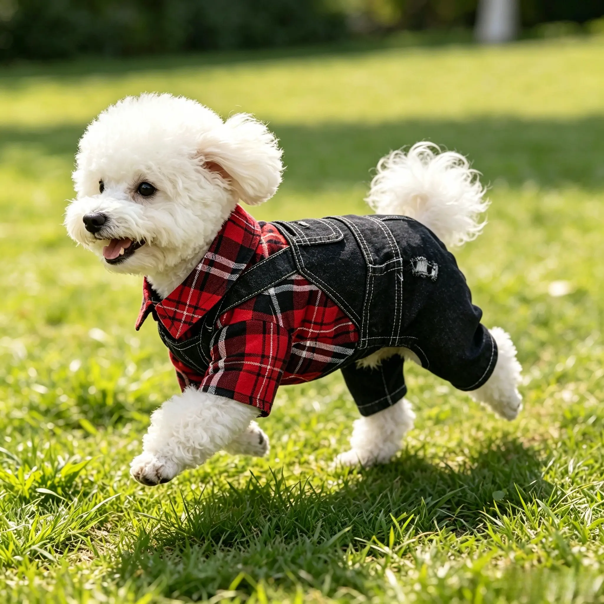 Plaid Shirt Patchwork Denim Pet Onesie, Puppy Clothes, Vintage Style Small Medium Dog One-Piece Bib Pants, Perfect for Walking, Photos, Family