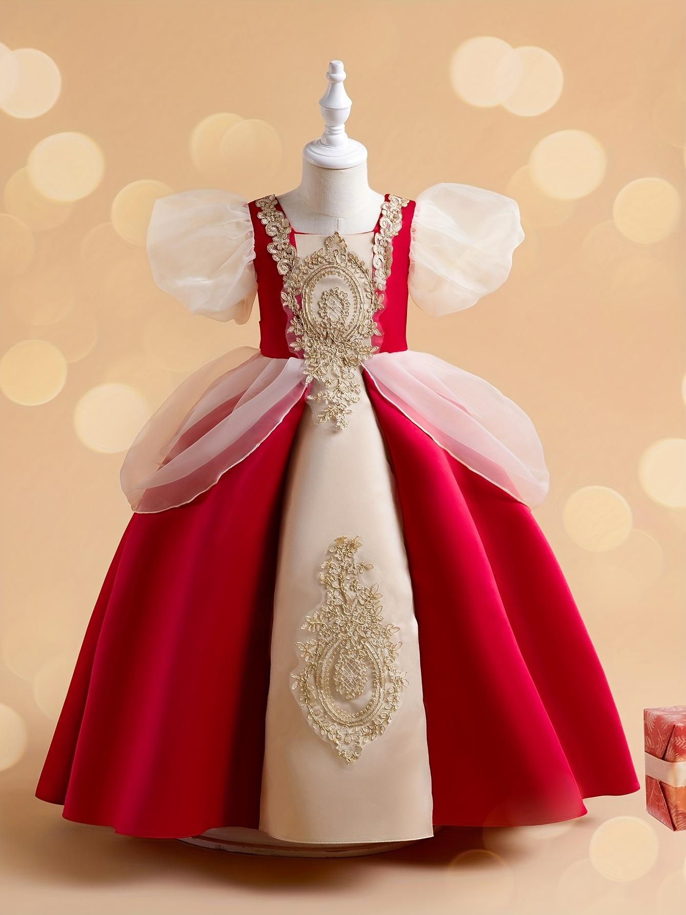 Vintage Puff Sleeve Princess Court Dress for Middle to Older Toddler Girls Wedding Party Ankle Length Gown Formal Dresses