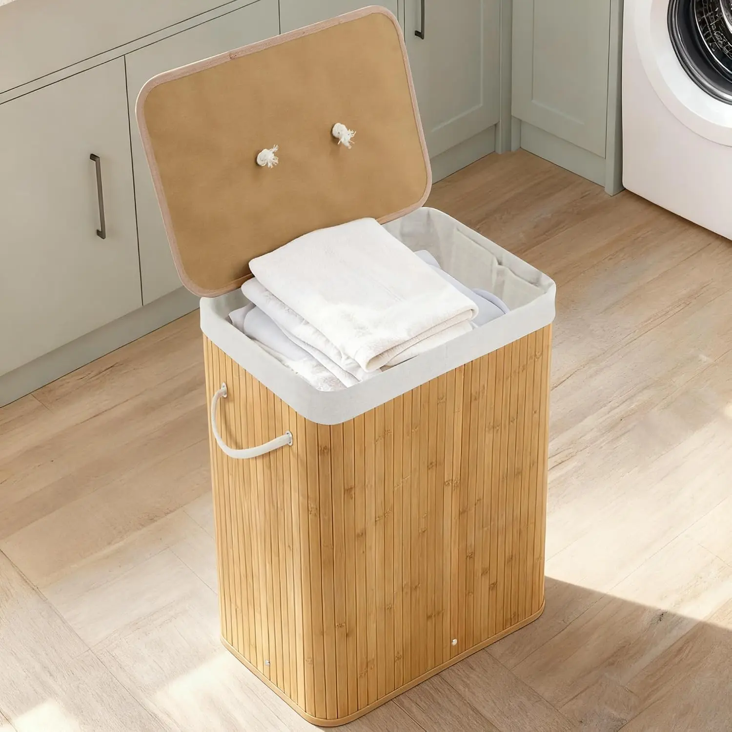 Folding Bamboo Laundry Hamper with Lid, 28 Gal / 106L Wooden Laundry Basket with Washable Liner Bag, Slim Clothes Storage Hamper for Small Bedrooms Apartments Dorms, Natural