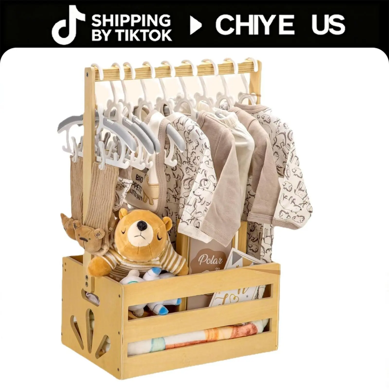Wooden Baby Shower Crate Closet, Baby Storage Crate Hamper with Handle, Basket for Baby Shower Gifts, Welcome Gift Basket for Newborn Boys Girls, Pregnancy Gifts for New Parents