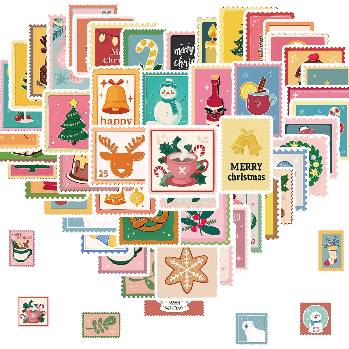 50Pcs Christmas Stamp Stickers Stickers - Xmas Stickers Christmas Decorations Party Favors Decor Acccessories Waterproof Gift Idea for Kids Youth Adult Boy Girl Goodie Bags Santa Claus Reindeer Winter Craft DIY