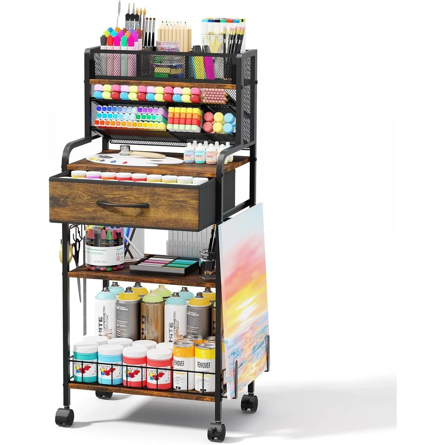 Art cart, 3 Tier Rolling Cart - Utility Cart with Storage Drawer and Wheels, Versatile Art & Craft Organizer for Home, Office, or Studio Ideal for Storing Brushes, Paints （Brown）