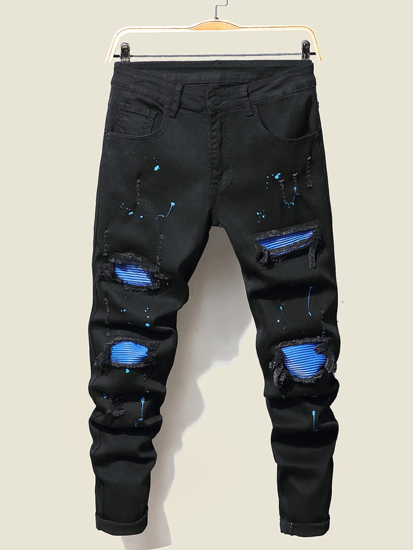 Men's Tight Fit Ripped Jeans, Streetwear, Versatile Solid Color Daily Commute, Elastic Trunk Pants, Washed Fabric, Slant Pockets, All Seasons Wear