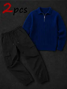 2 Piece Mens Autumn Co-Ord Set, Quarter Zip Cable Knit Jumper & Cargo Jogger Trousers, Cosy Warm for Daily Wear