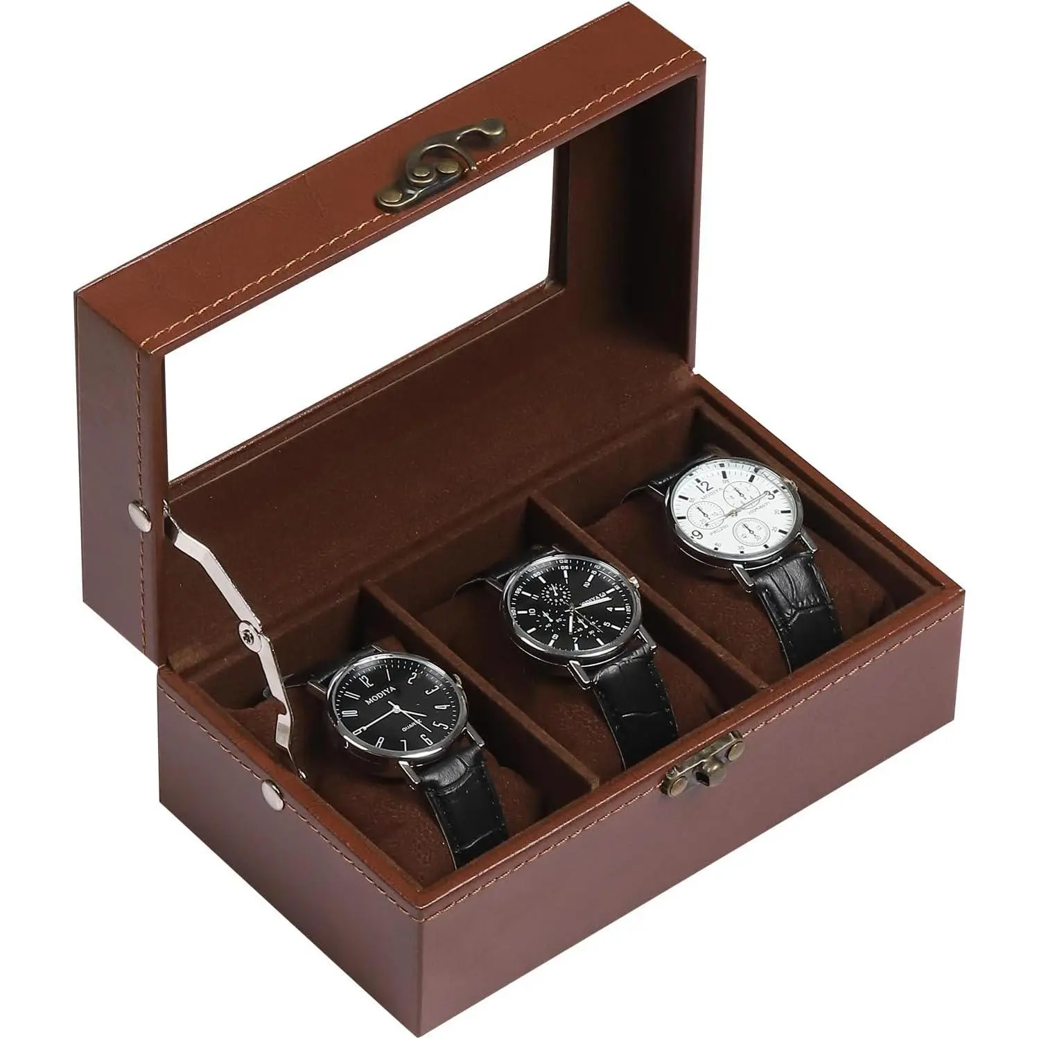 Leather &  3 Watch Box Glass Top  Display Lockable Case Organizer,Removable Watch Pillows,Coffee,MKAW093