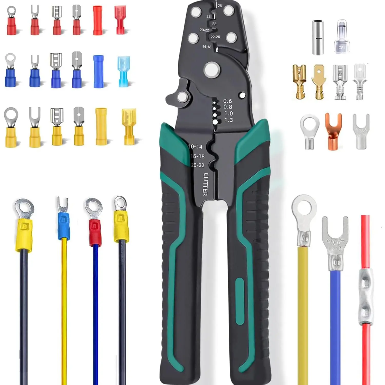 Wire Crimping Tool, Multifunctional stripping crimping pliers Wire stripper and crimping tool for Insulated Bare/Heat Shrink connectors Electrical Connectors(22-10 AWG)