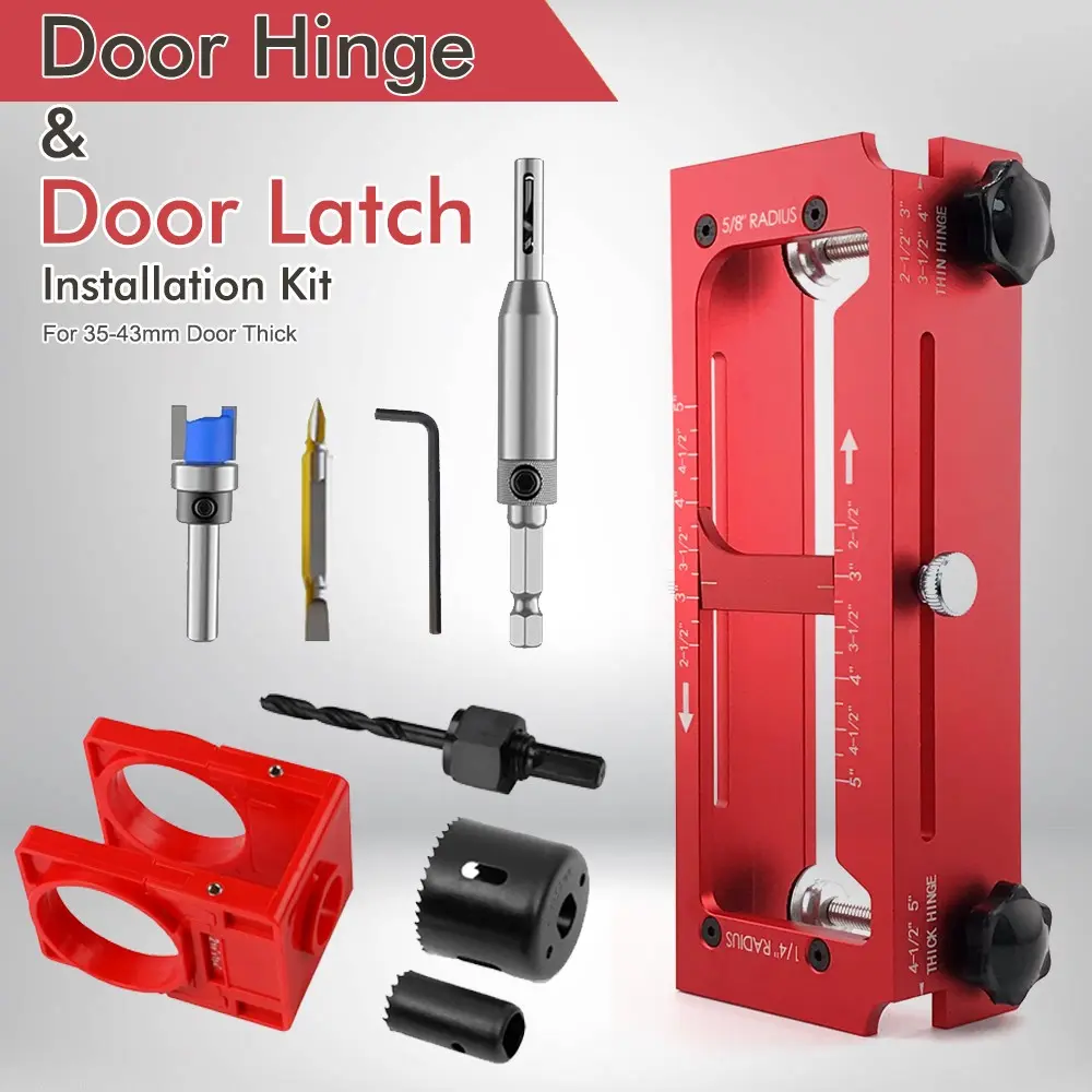 Woodworking Door Installation Drill Kit, Hinge Locator Clamp + Lock Bolt Saw Template Set, for 35-43mm Indoor Wood Doors