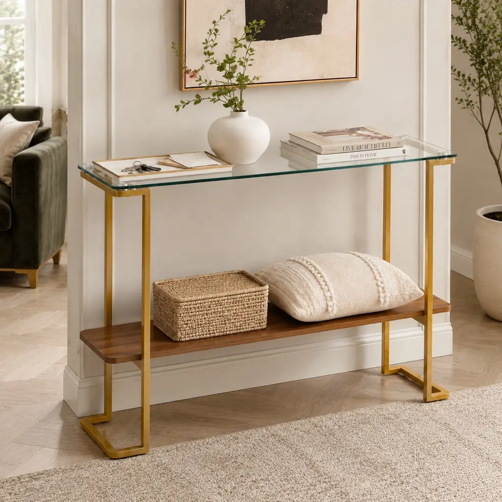 ARCH Glass Console Table for Living Room, 43.4" Mid-Century Modern Sofa Table with Clear Glass Top, Walnut Shelf, Gold Metal Frame, Entryway Hallway Furniture, 2-Tier Storage Table for Home Decor, Gold/Walnut Color Options, Glass/MDF/Metal Material