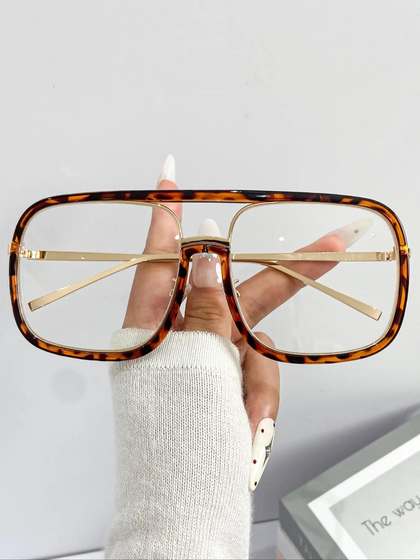 Unisex Street Style Tortoise Pattern Flat Top Frame Glasses, Trendy Casual Glasses for Everyday Use, Fashion Accessories for Outdoor Activities