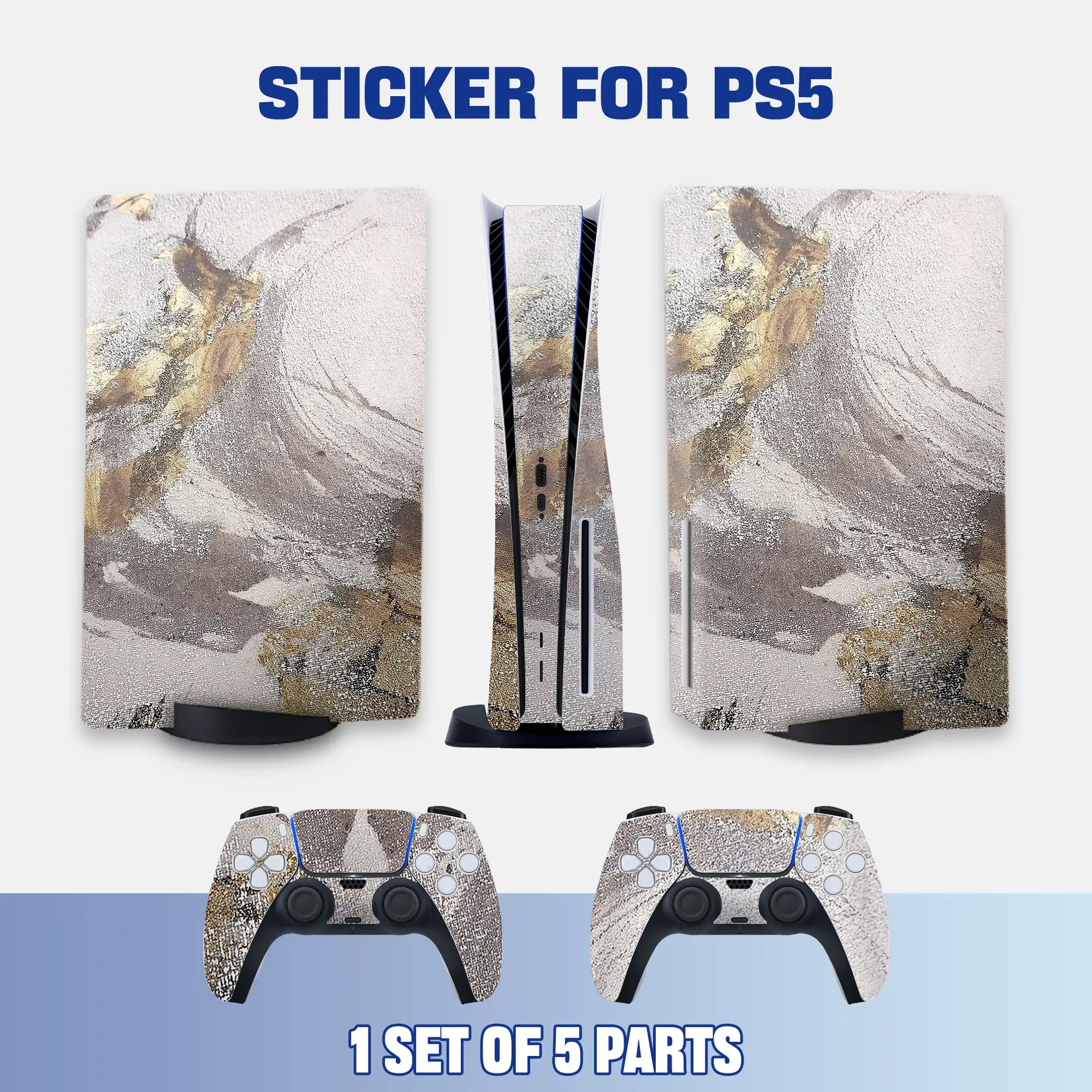 White Gold Textured Marble Fluid Art Style PS5 Disc Edition Vinyl Skin Sticker for Console & Controllers, Waterproof, Scratch-Resistant, Dustproof, Removable & No Residue