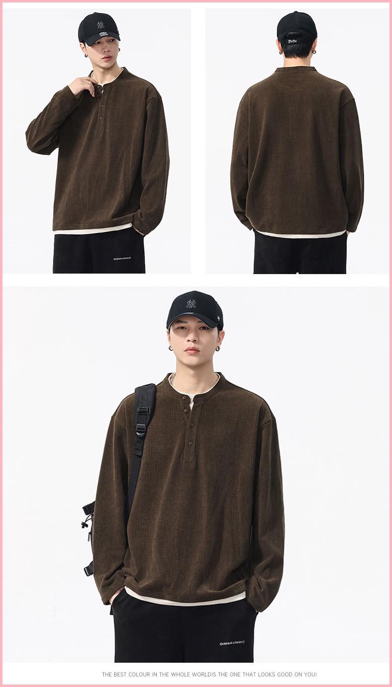 Autumn And Winter New Versatile Casual Fake 2 Pieces Handsome Trendy High Street Henley Collar Long-sleeved T-shirt For Men