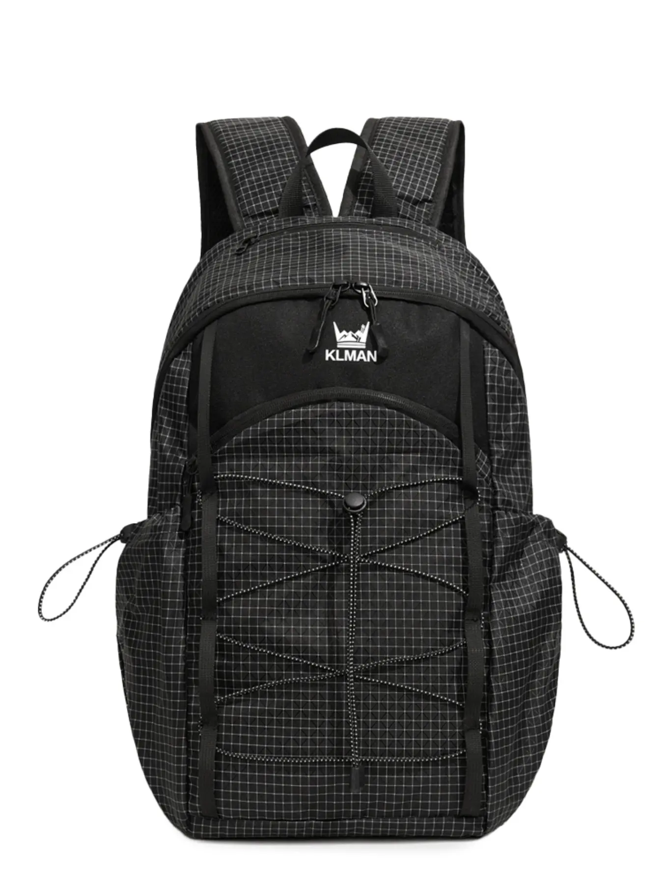 Plaid Anti-Rip Nylon Outdoor Hiking Backpack, Front Elastic Drawstring Multi-Compartment Laptop Bag, Wide Strap Lightweight Travel Backpack